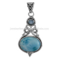 Natural Larimar And Sky Blue Topaz Gemstone 925 Solid Silver Pendant Jewelry